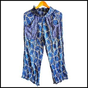 Band of Gypsies‎ Bohemian Wide Leg Pants Smocked Waist Blue Print M